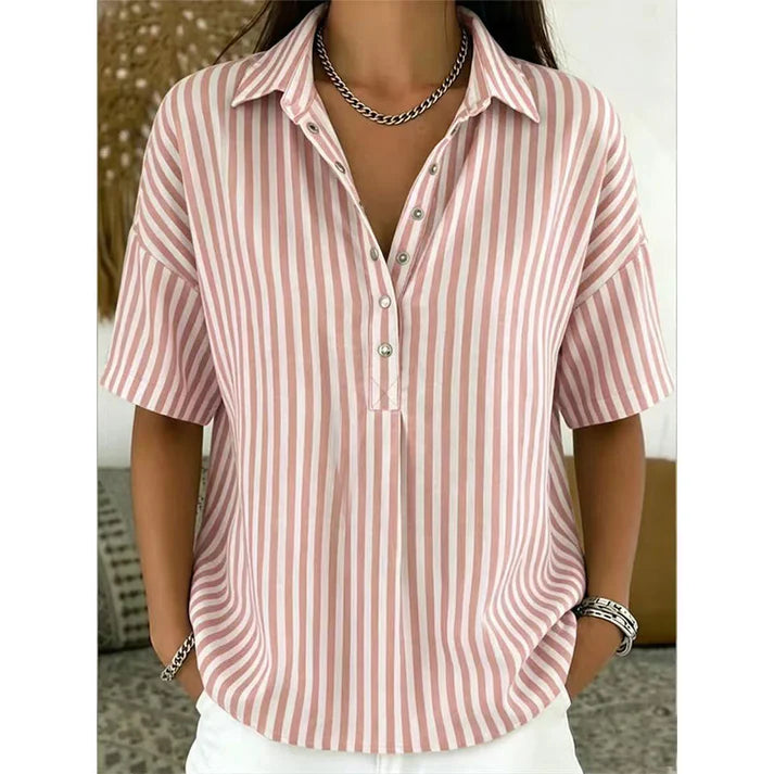 Women's Striped Short Sleeve Button-Neck Blouse