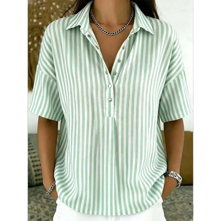 Women's Striped Short Sleeve Button-Neck Blouse