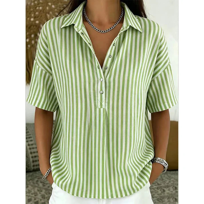 Women's Striped Short Sleeve Button-Neck Blouse