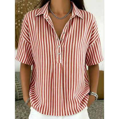 Women's Striped Short Sleeve Button-Neck Blouse