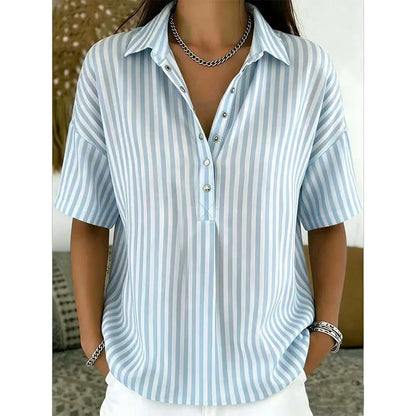 Women's Striped Short Sleeve Button-Neck Blouse