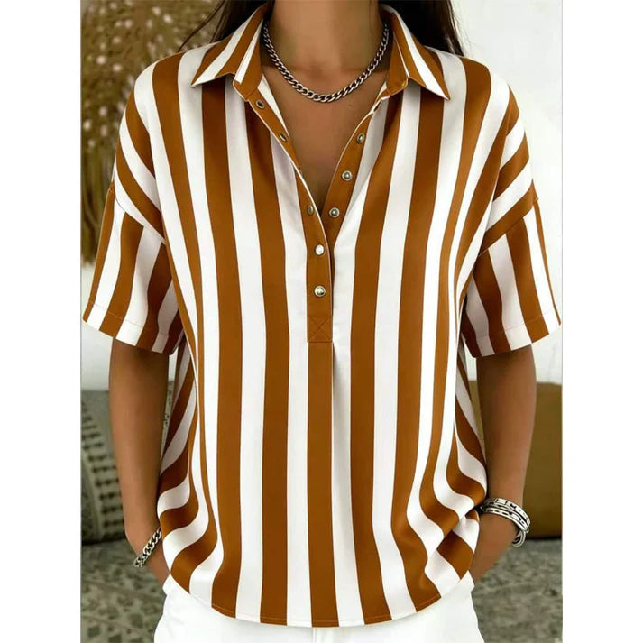 Women's Striped Short Sleeve Button-Neck Blouse