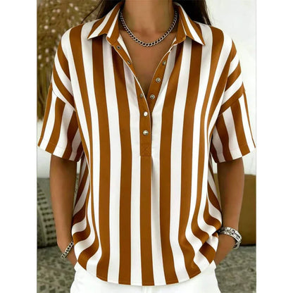 Women's Striped Short Sleeve Button-Neck Blouse