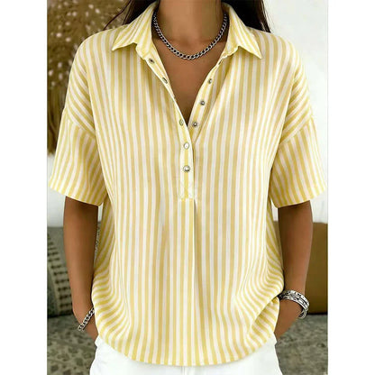 Women's Striped Short Sleeve Button-Neck Blouse