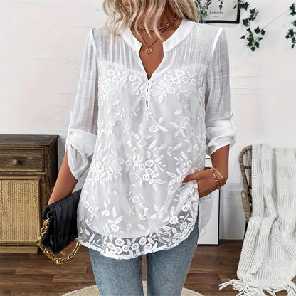 Women's Embroidered V-Neck Roll-Tab Sleeve Blouse