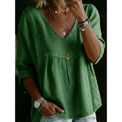 Women's Casual V-Neck Lace Trim Blouse
