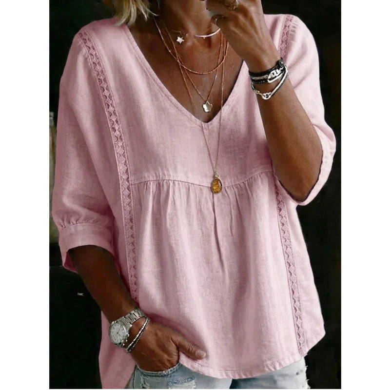 Women's Casual V-Neck Lace Trim Blouse