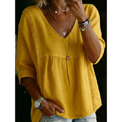 Women's Casual V-Neck Lace Trim Blouse