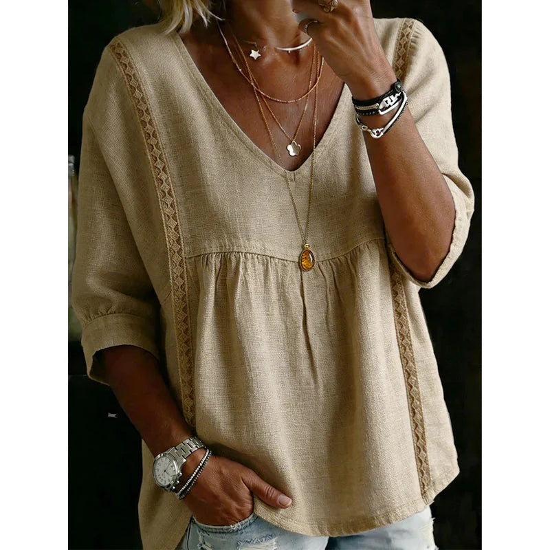 Women's Casual V-Neck Lace Trim Blouse