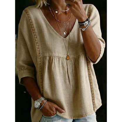 Women's Casual V-Neck Lace Trim Blouse