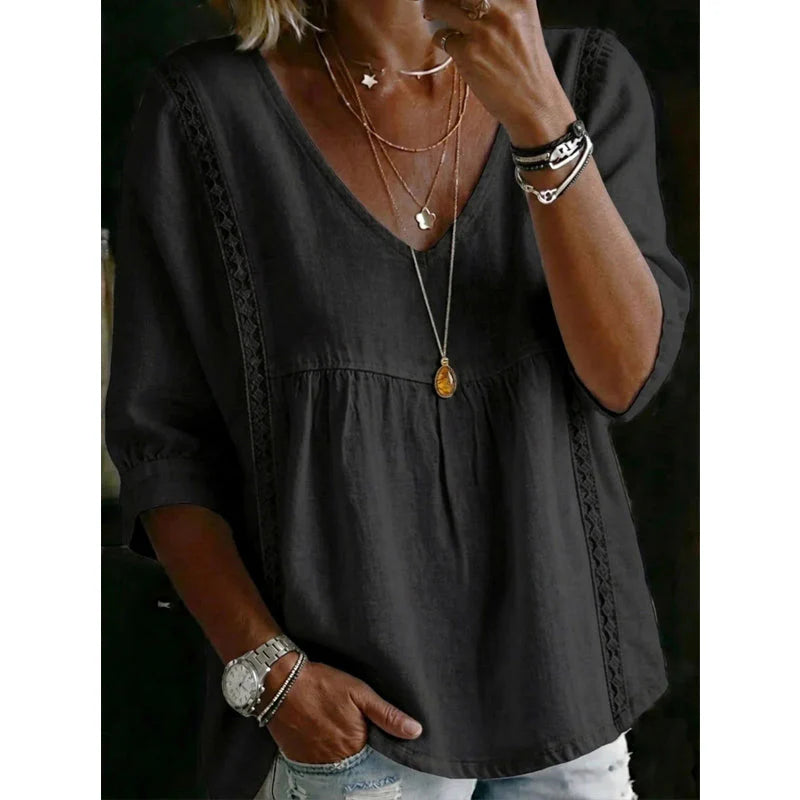 Women's Casual V-Neck Lace Trim Blouse