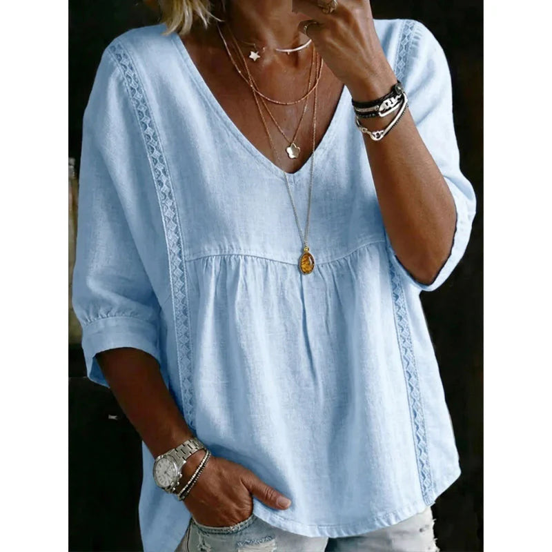 Women's Casual V-Neck Lace Trim Blouse