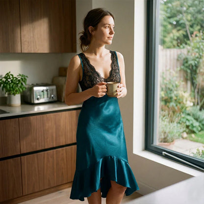 Women's Elegant V-Neck Lace Slip Nightgown