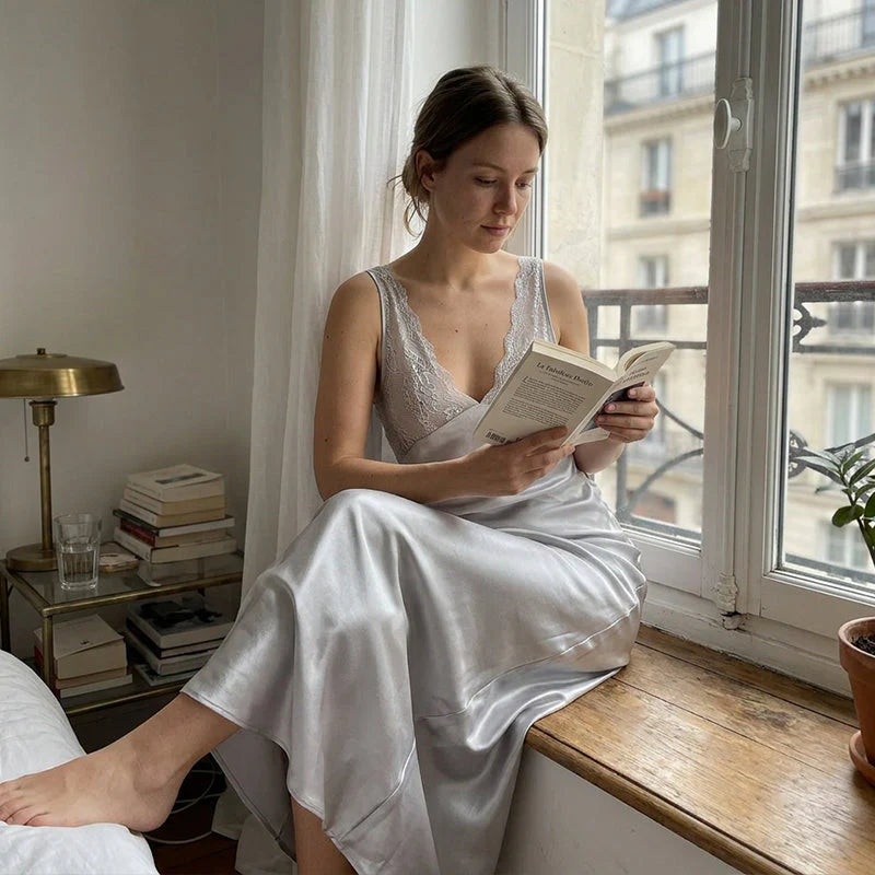 Women's Elegant V-Neck Lace Slip Nightgown