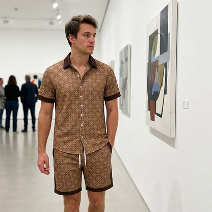 Men's Geometric Print Button-Up Shirt and Shorts Set