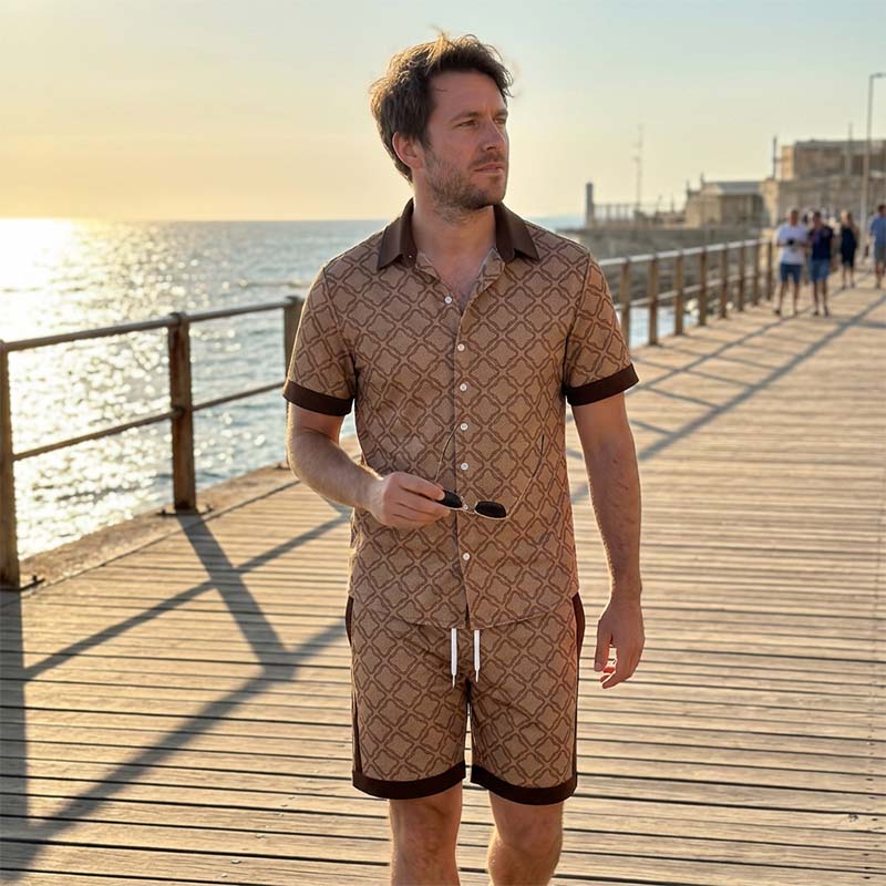 Men's Geometric Print Button-Up Shirt and Shorts Set