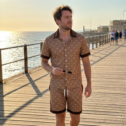Men's Geometric Print Button-Up Shirt and Shorts Set