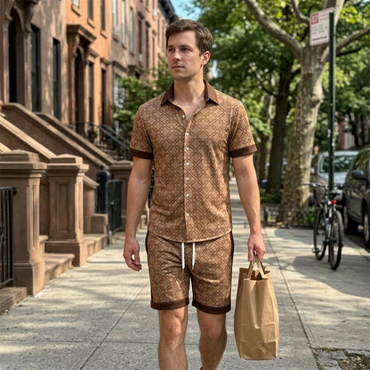 Men's Geometric Print Button-Up Shirt and Shorts Set