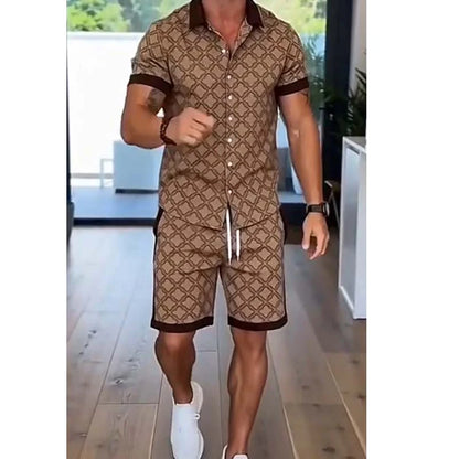 Men's Geometric Print Button-Up Shirt and Shorts Set