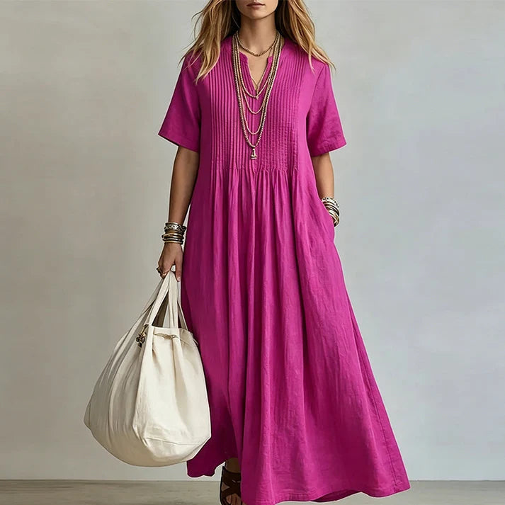 Women's V-Neck Pleated Front Dress