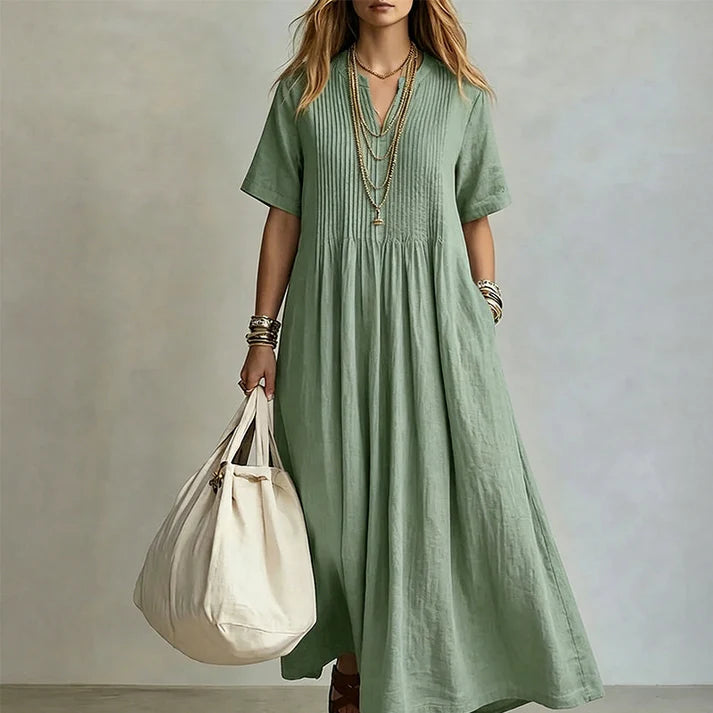 Women's V-Neck Pleated Front Dress