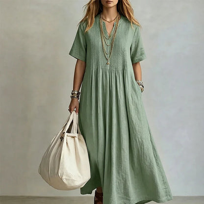 Women's V-Neck Pleated Front Dress