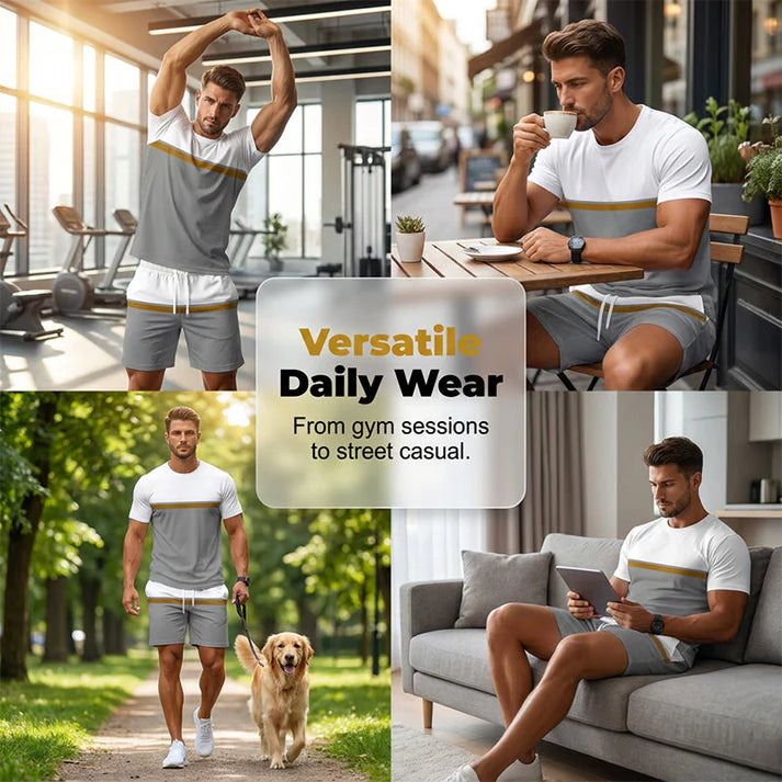 Men's Summer Color-Block T-Shirt and Drawstring Shorts Set