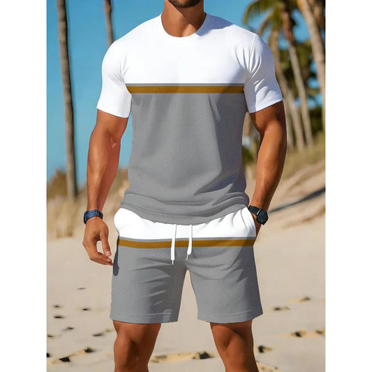 Men's Summer Color-Block T-Shirt and Drawstring Shorts Set