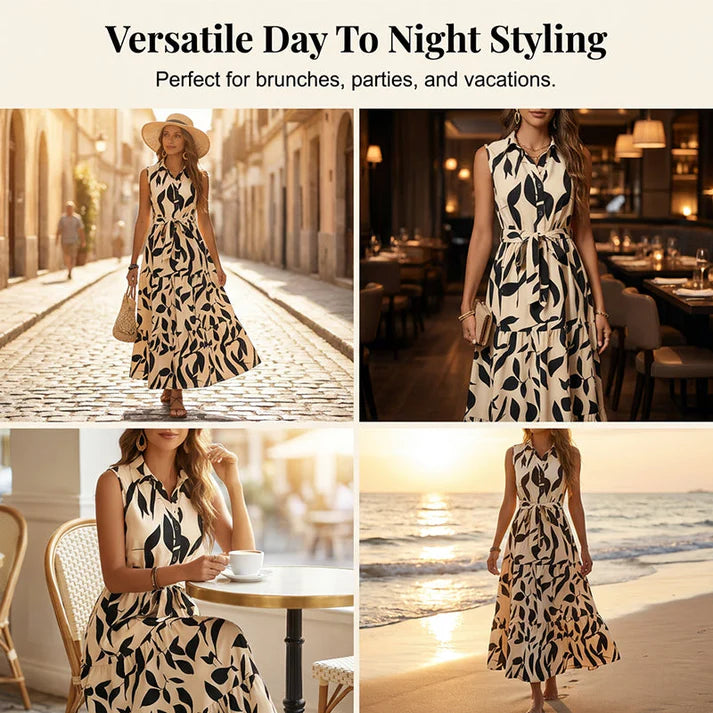 Women's Sleeveless Collared Tie-Waist Maxi Dress
