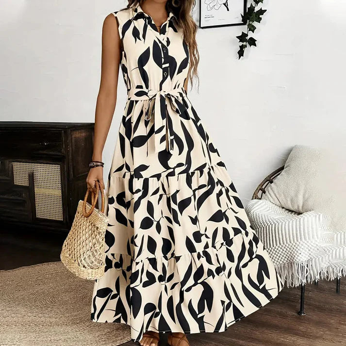 Women's Sleeveless Collared Tie-Waist Maxi Dress
