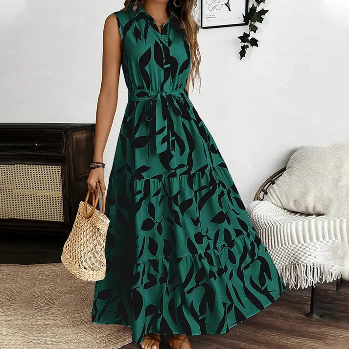Women's Sleeveless Collared Tie-Waist Maxi Dress