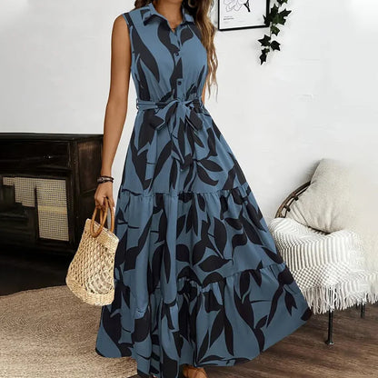 Women's Sleeveless Collared Tie-Waist Maxi Dress