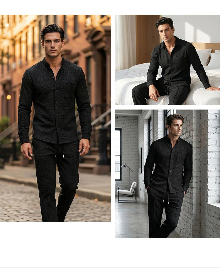 Men's Waffle Texture Button-Up Shirt and Pants Set