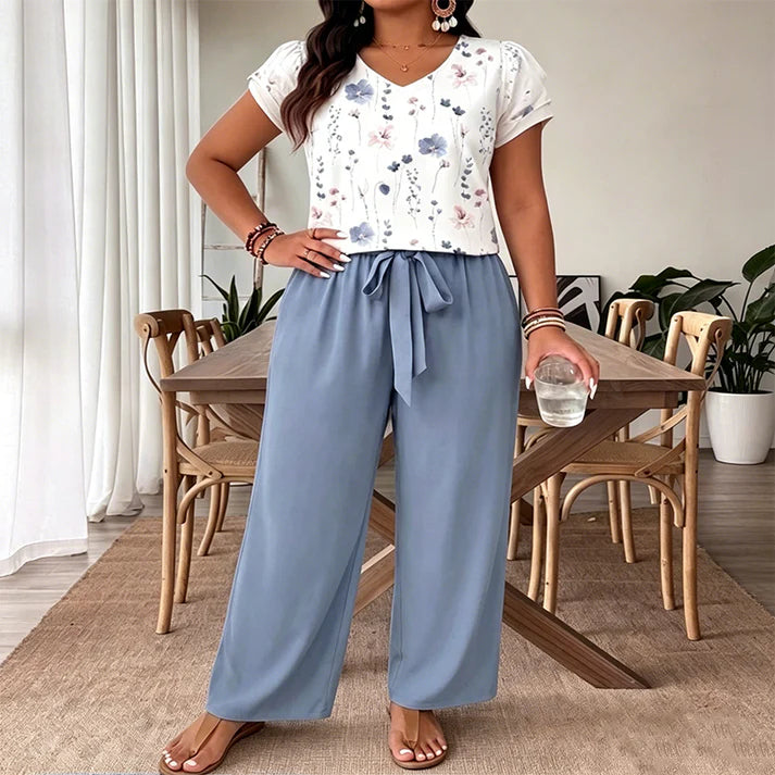 Women's Printed Top and Wide Leg Pants Set