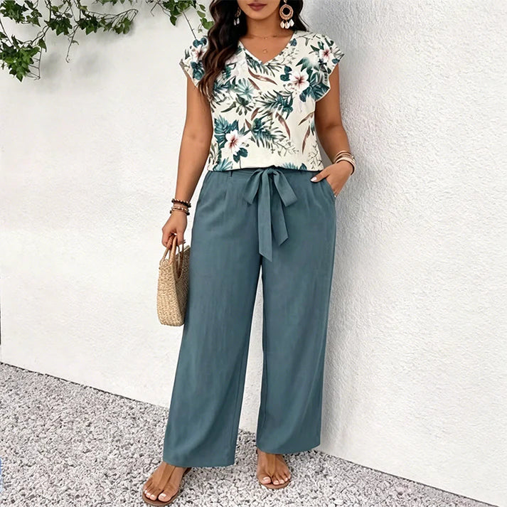 Women's Printed Top and Wide Leg Pants Set
