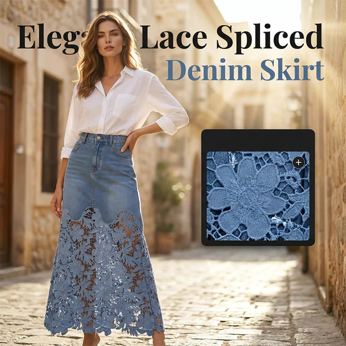 Women's Floral Lace Panel Denim Maxi Skirt