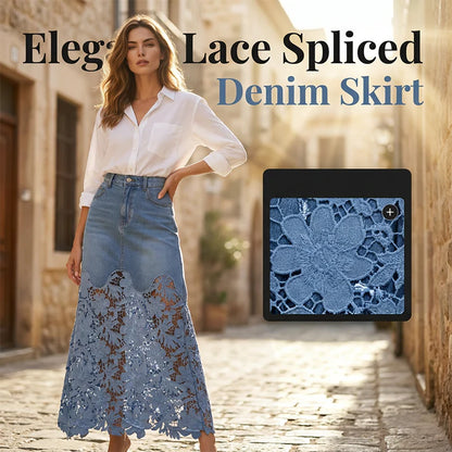 Women's Floral Lace Panel Denim Maxi Skirt
