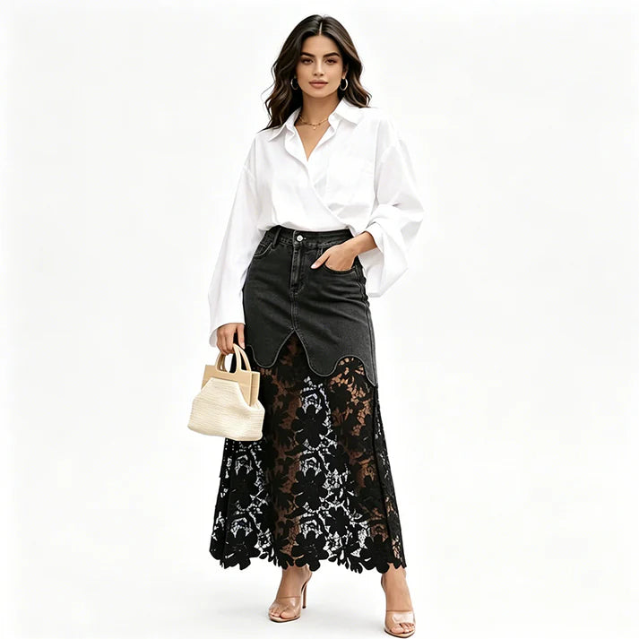 Women's Floral Lace Panel Denim Maxi Skirt