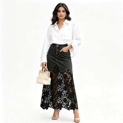 Women's Floral Lace Panel Denim Maxi Skirt