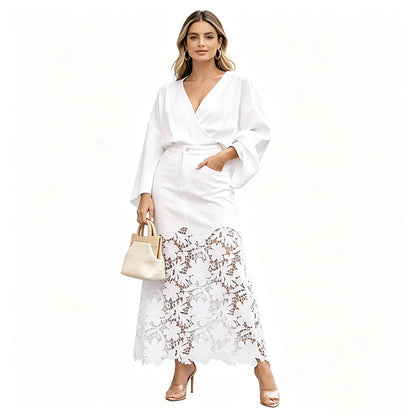 Women's Floral Lace Panel Denim Maxi Skirt