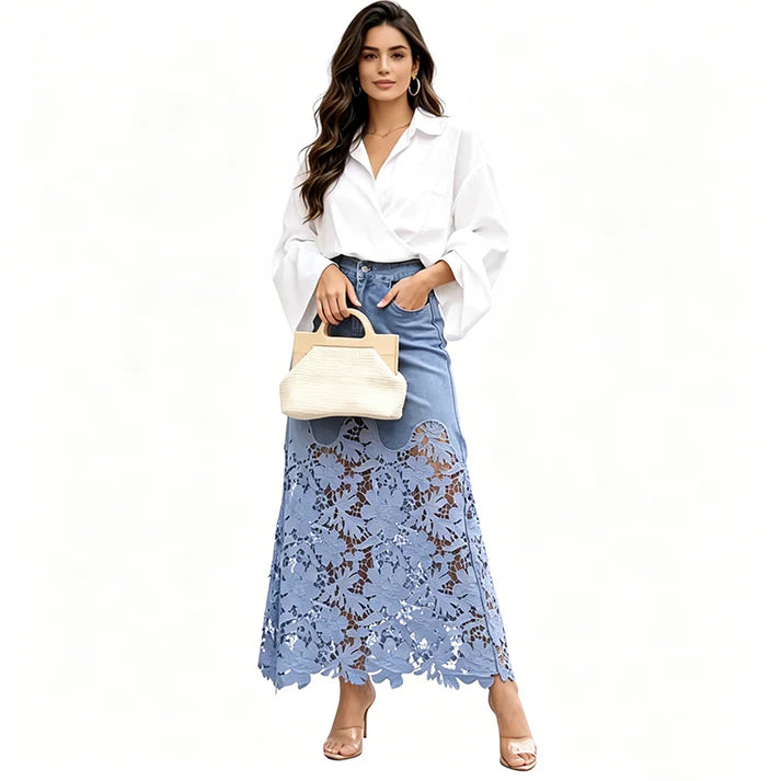 Women's Floral Lace Panel Denim Maxi Skirt