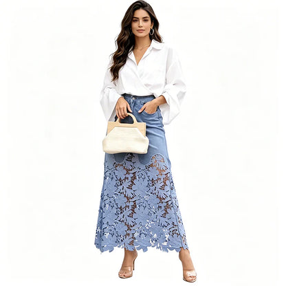 Women's Floral Lace Panel Denim Maxi Skirt