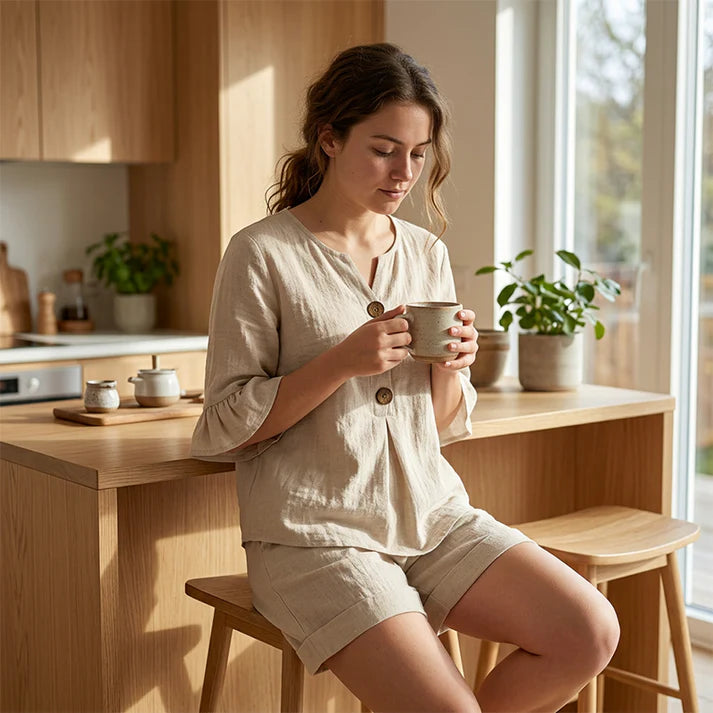 Women's V-Neck Button Front Top & Shorts Set