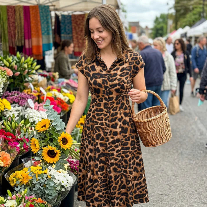 Women's Leopard Print Button-Front Maxi Dress