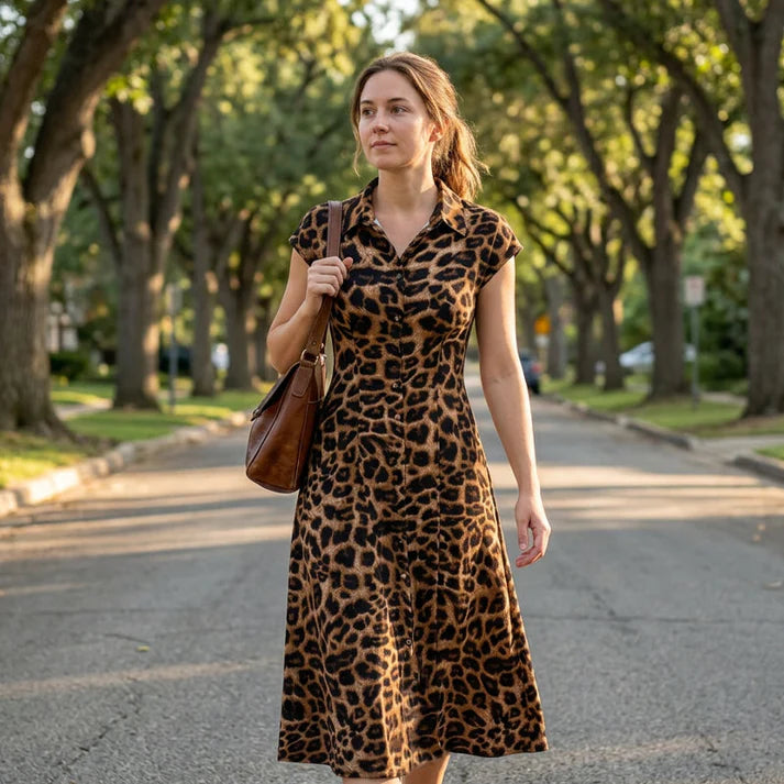 Women's Leopard Print Button-Front Maxi Dress