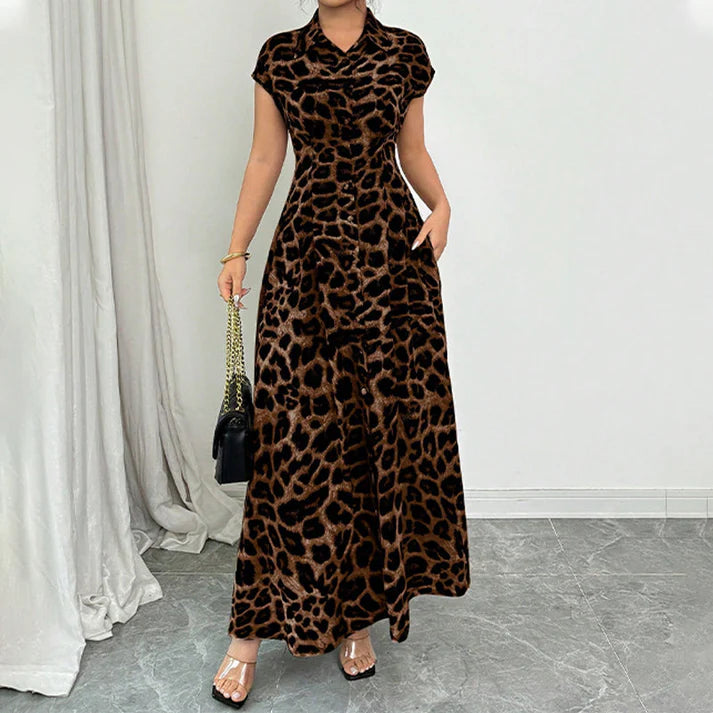 Women's Leopard Print Button-Front Maxi Dress