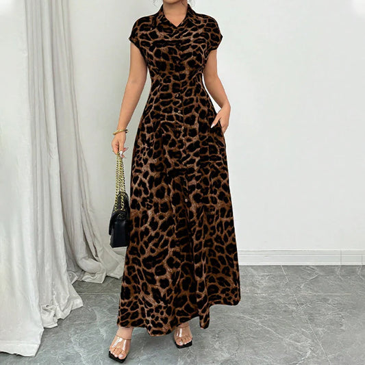 Women's Leopard Print Button-Front Maxi Dress