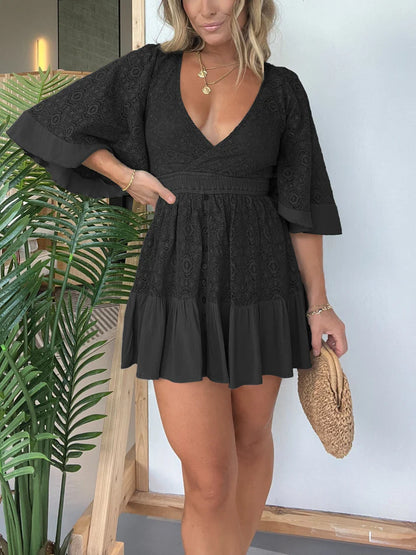 Women's Lace V-Neck Ruffle Romper Dress