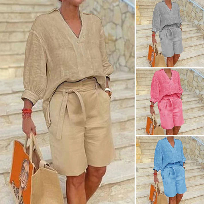 Women's V-Neck Top and Shorts Set