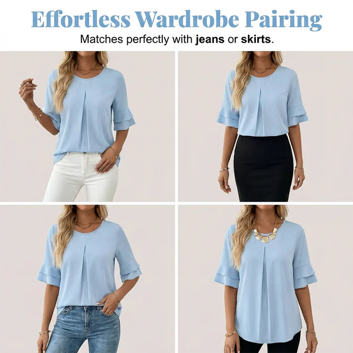 Women's Pleated Ruffle Sleeve Blouse